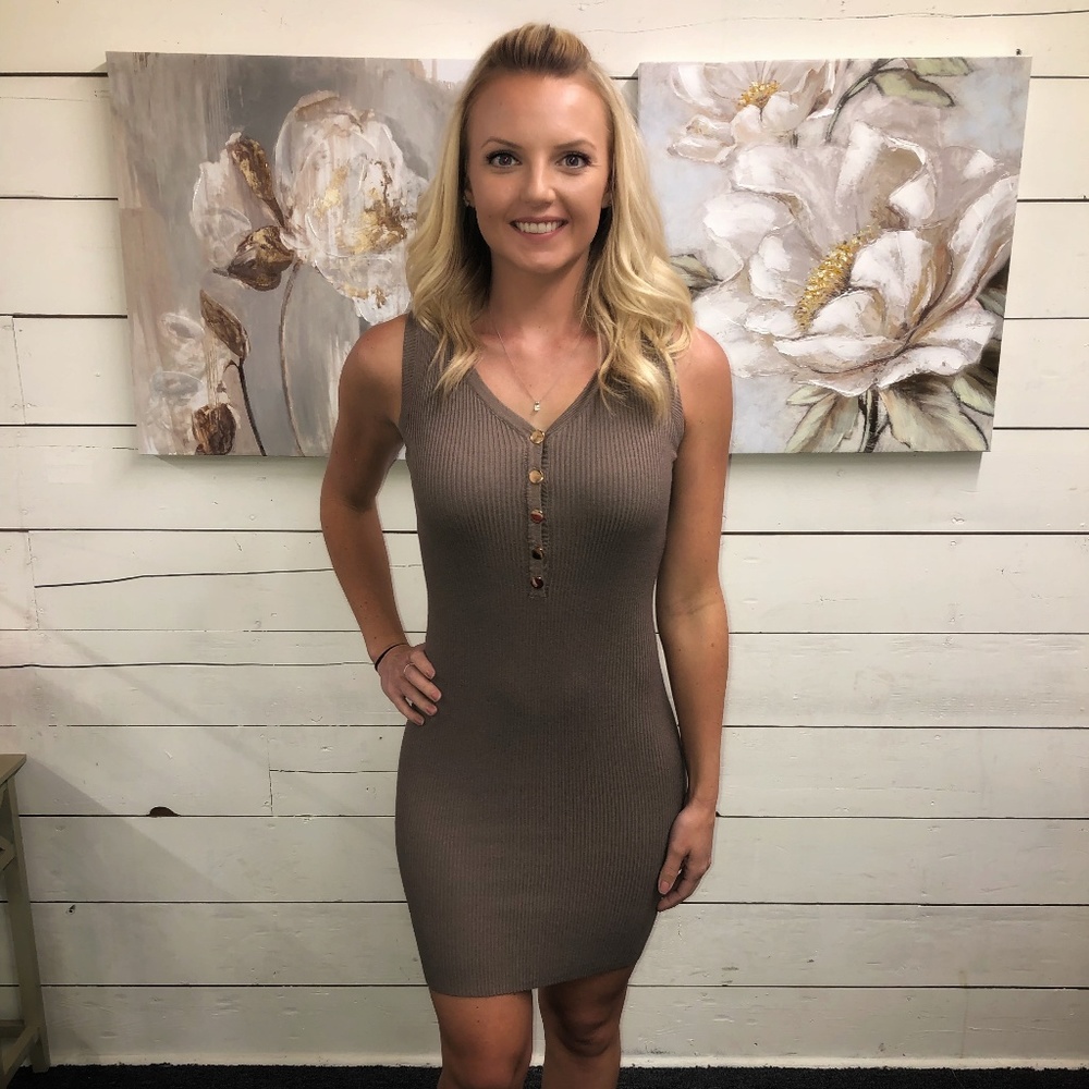 Knit V-Neck Button Mini Dress - Mocha